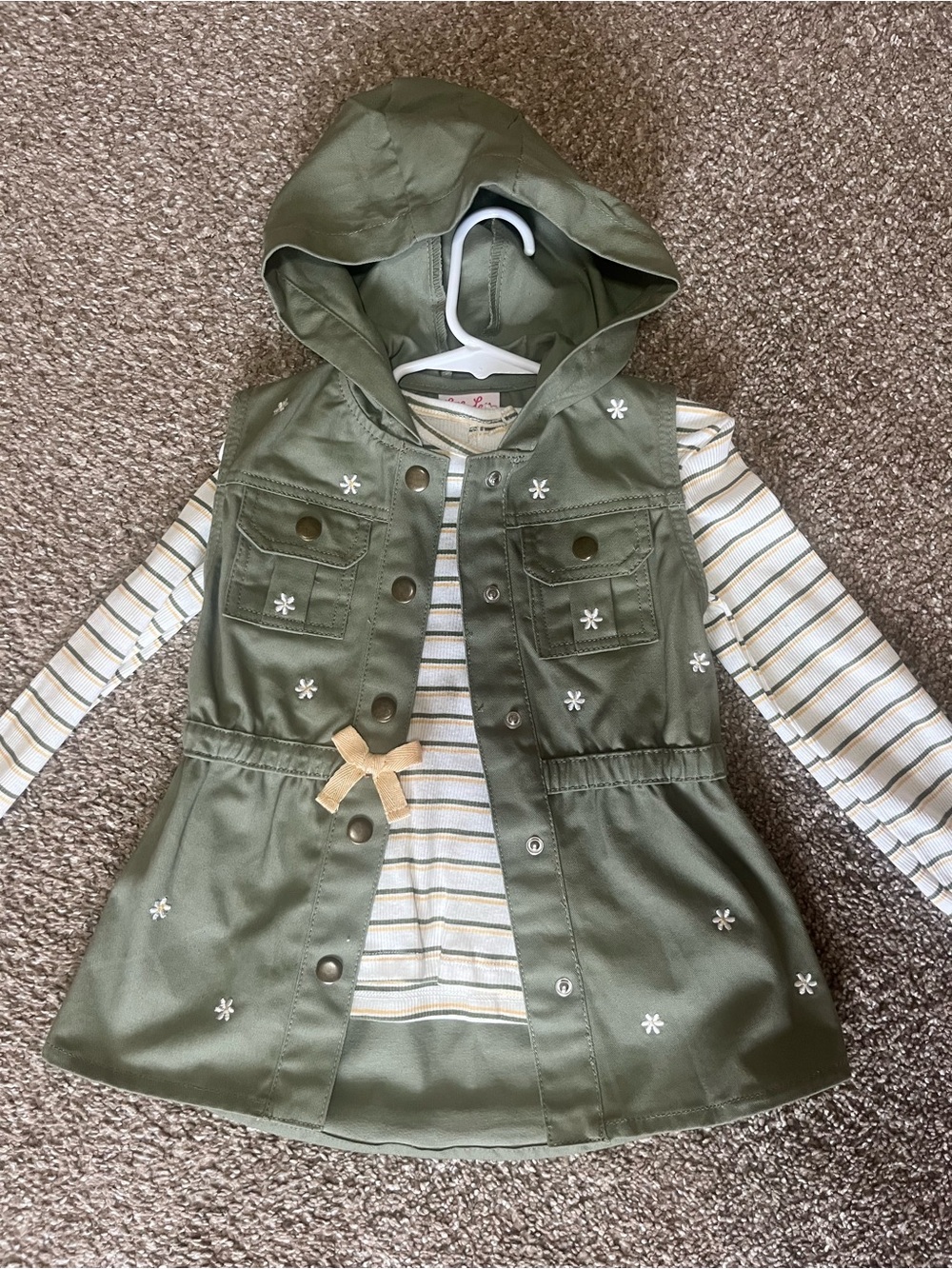 Green Hooded Vest with Embroidered Flowers and Striped Top